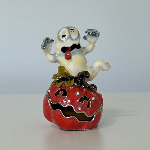 Spooky Metal Enameled Trinket Box Porcelain Ghost Crystals - Picture 1 of 8